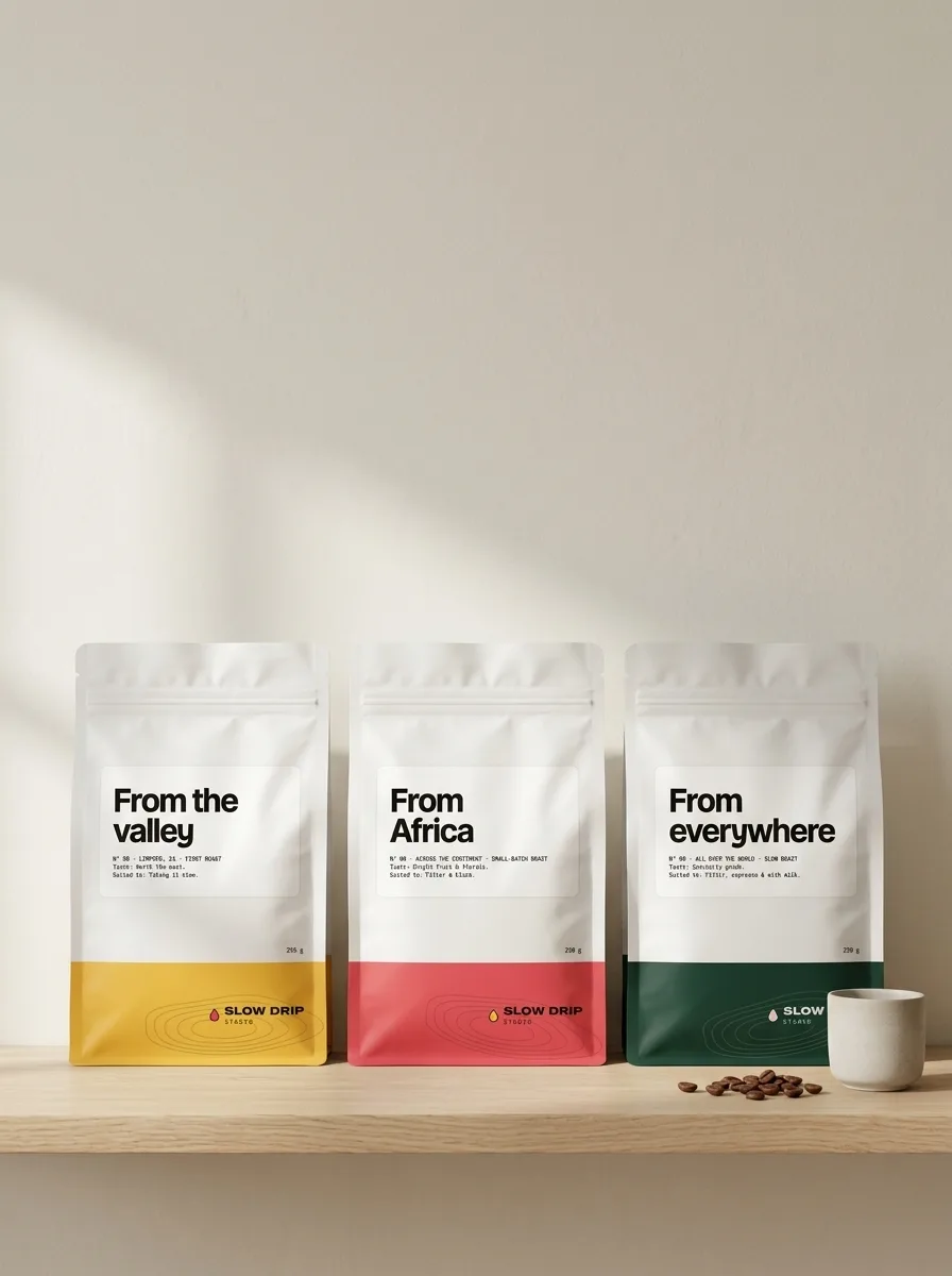Three Slow Drip Studio bags, yellow, red and green, standing on an oak shelf.